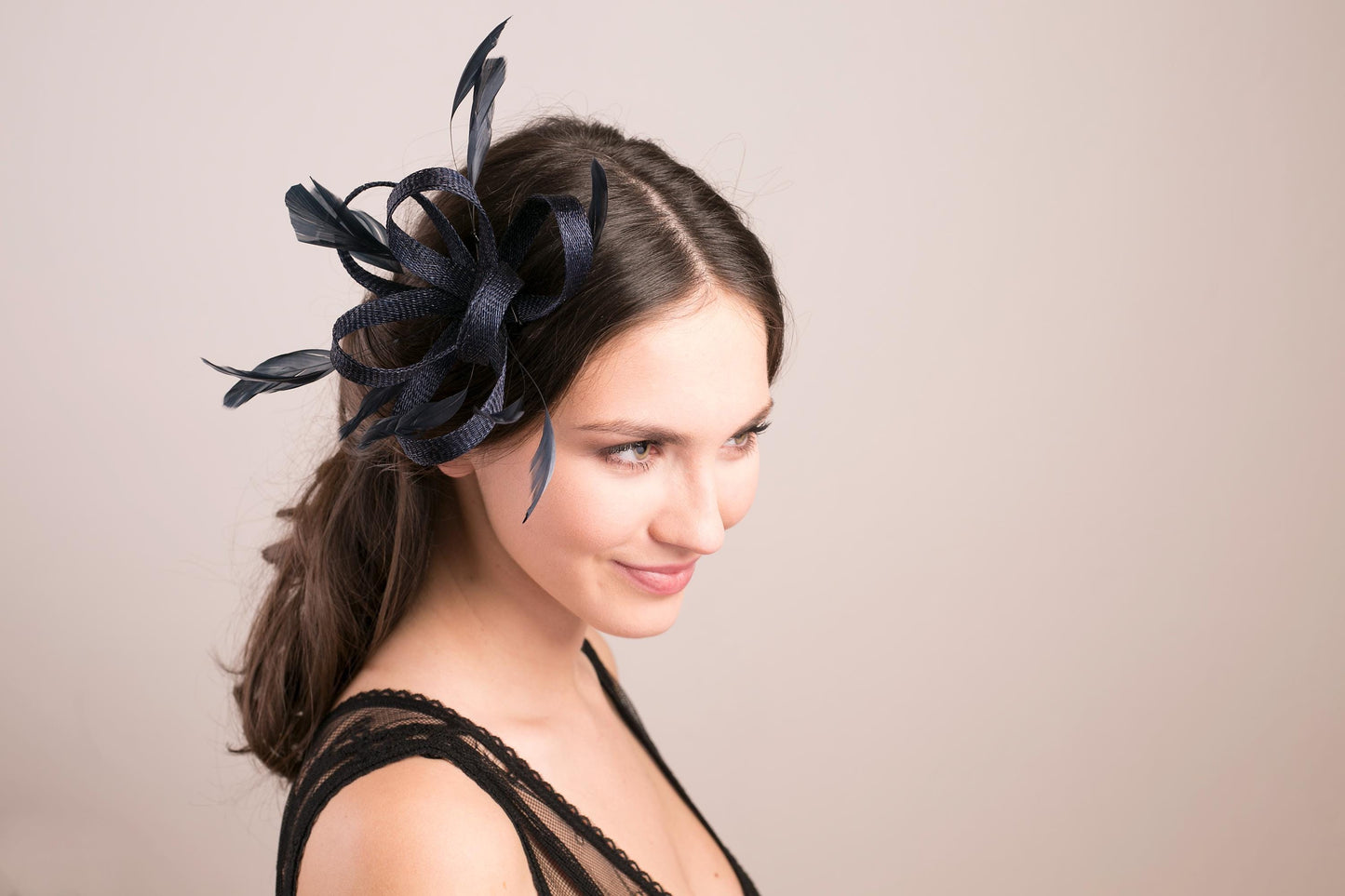 Navy fascinator with feathers, wedding guests headpiece for women