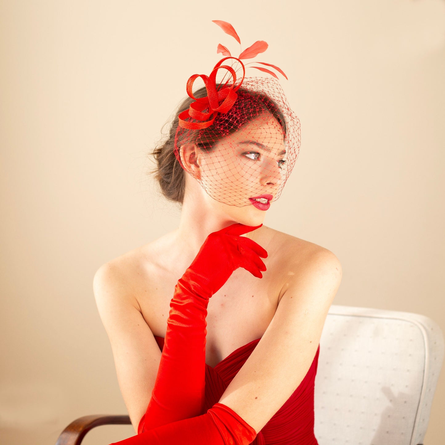 Red Wedding Birdcage Fascinator: Feather Veil Headpiece