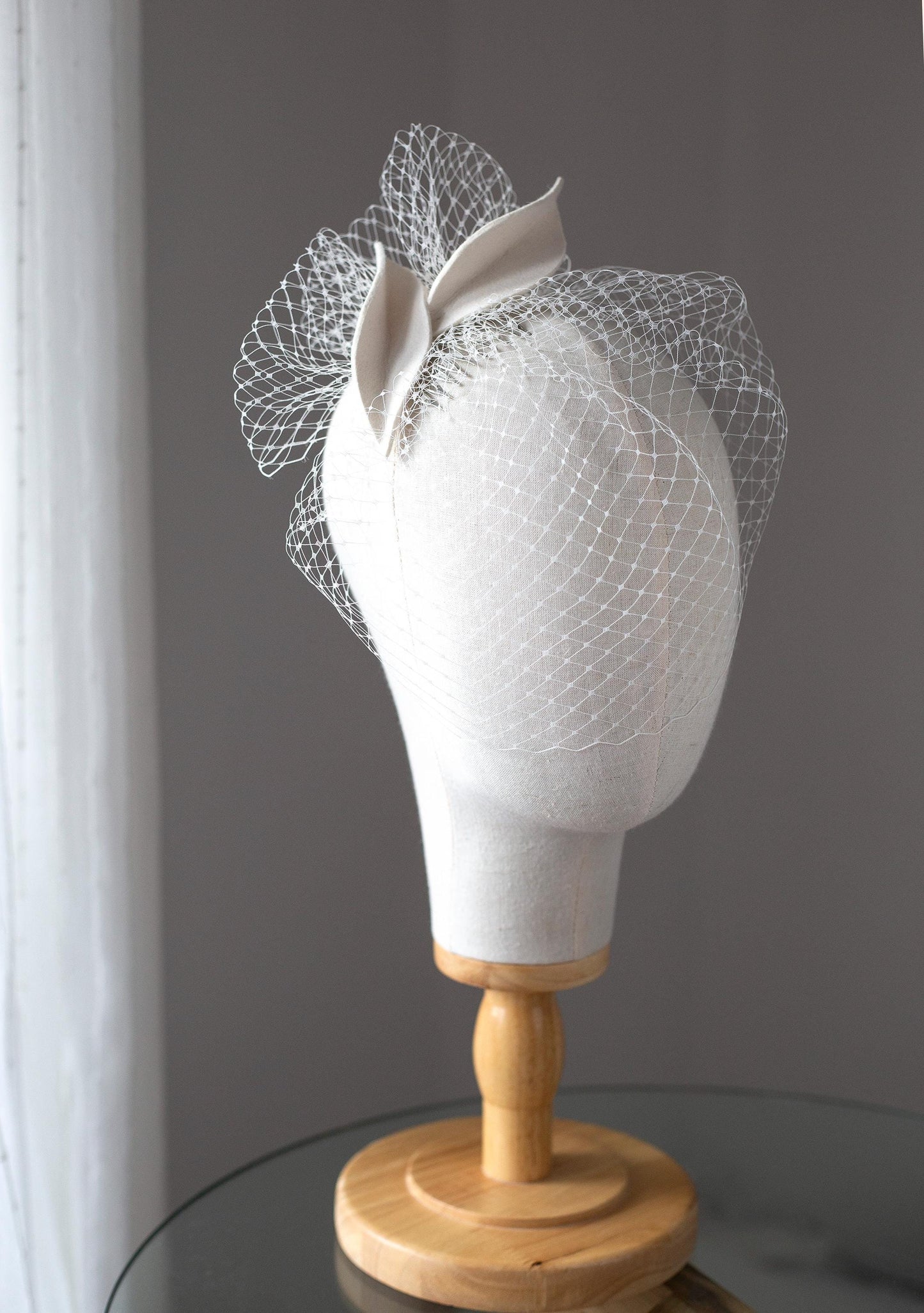 Ivory Felt Leaf Bridal Fascinator, Short Birdcage Veil