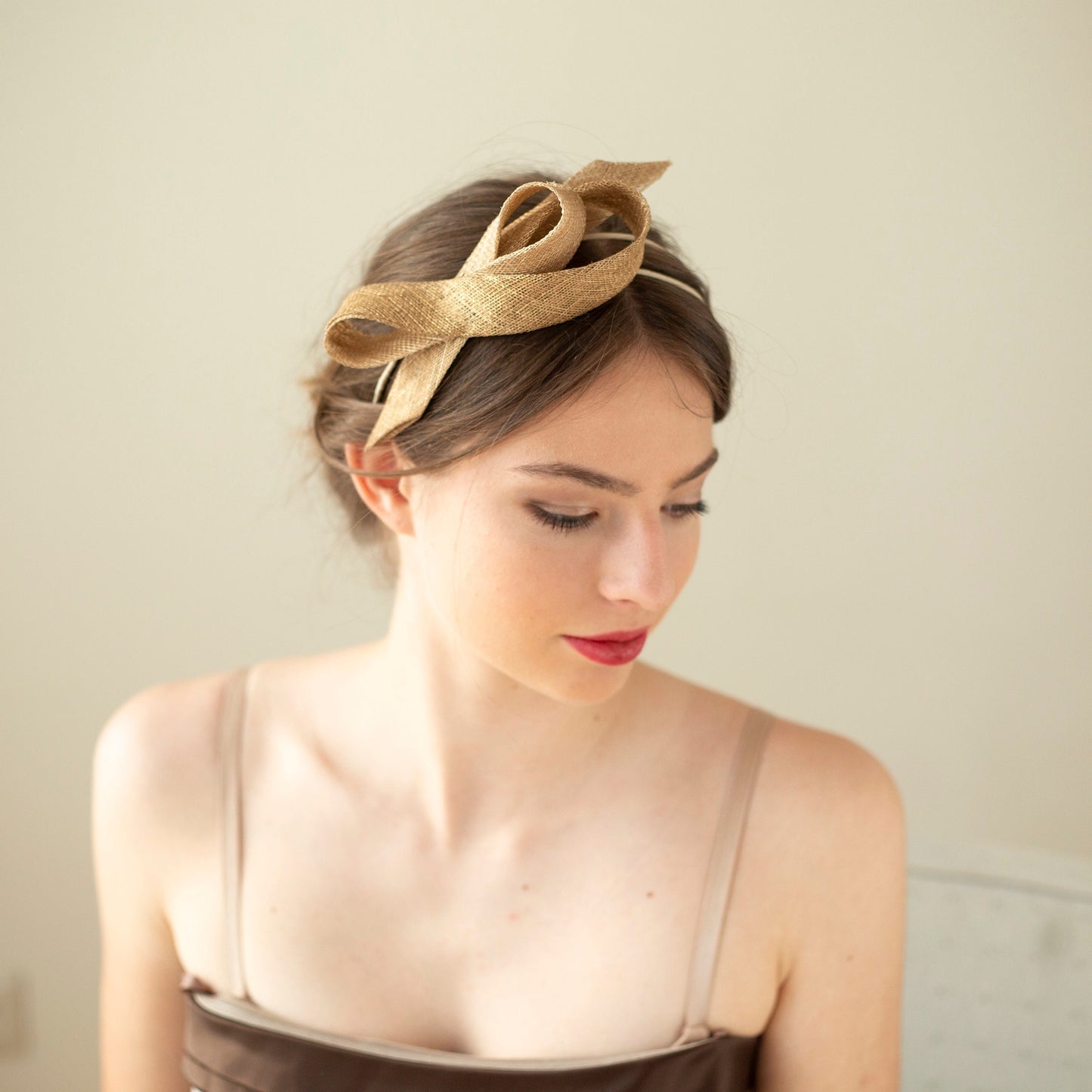Golden Fascinator for Special Occasions – Modern Hat Design for Women, Minimalist Style on Double Headband