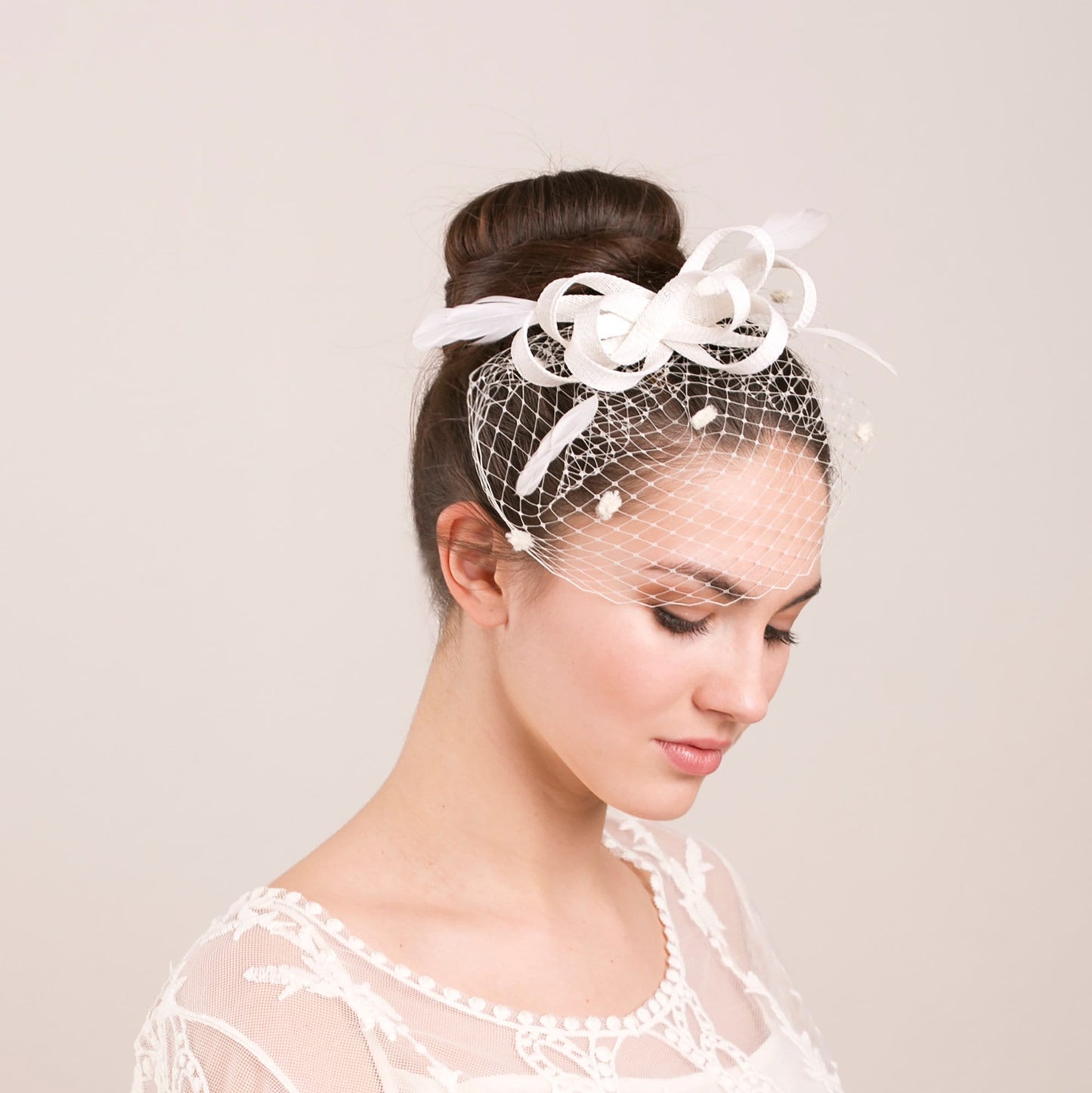 Feather Bridal Fascinator, Ivory Birdcage Veil Headpiece