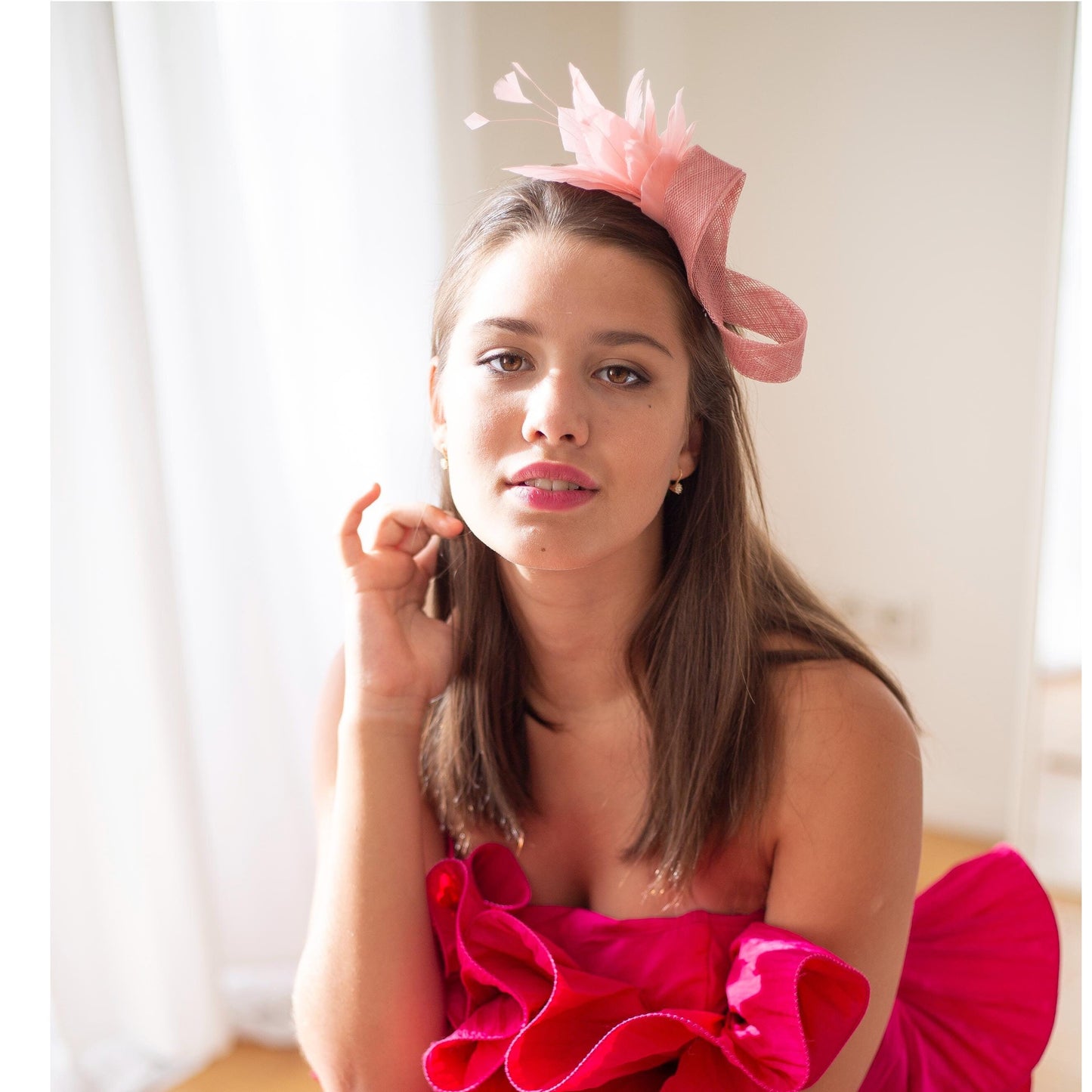 Dusky Rose Feather Fascinator, Wedding Guest Headpiece