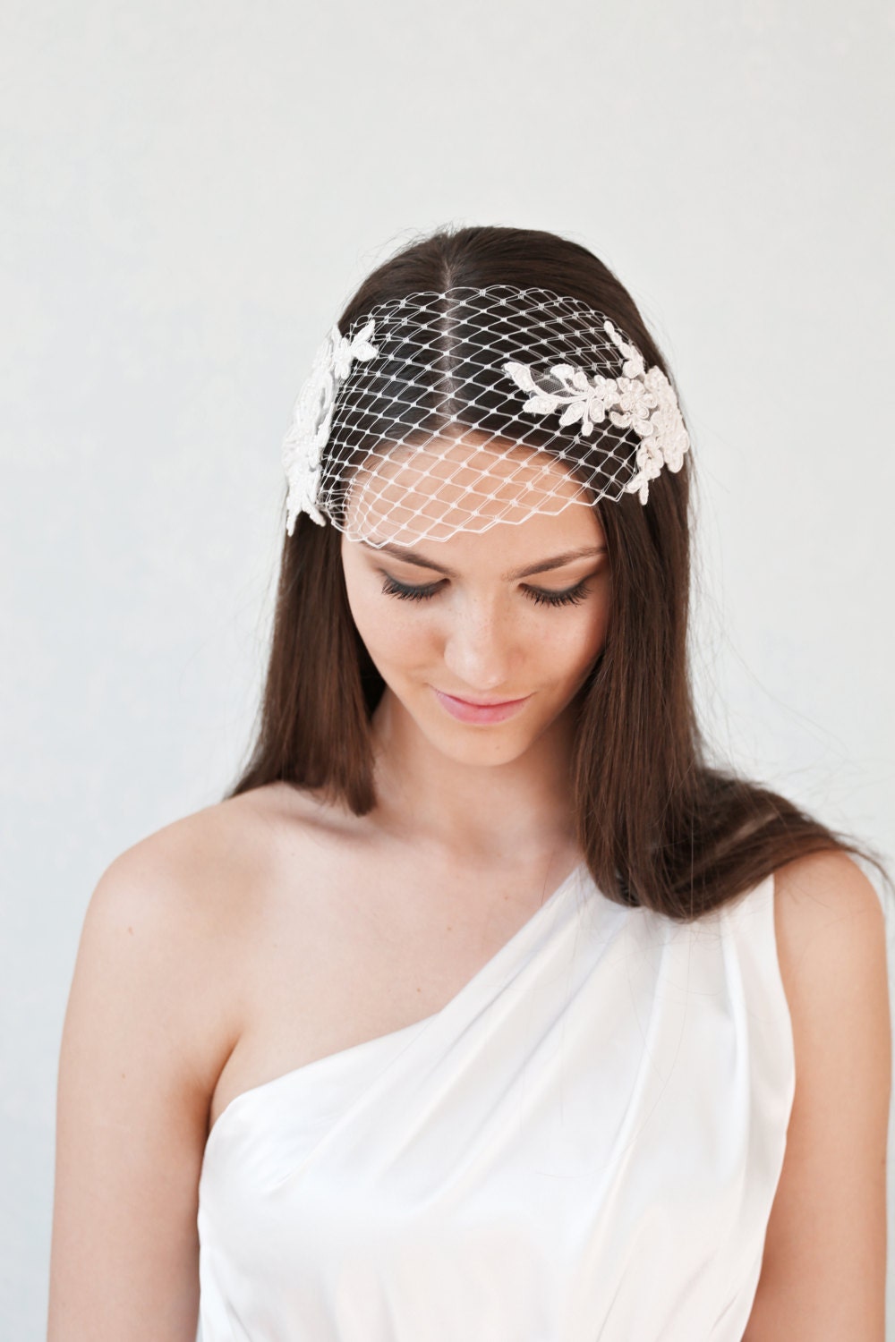 Ivory Lace Bandeau Veil: Pearl Beaded Birdcage Wedding Headband