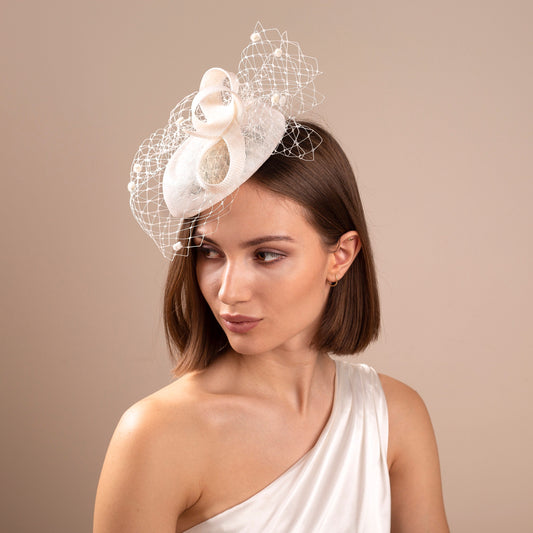 Ivory Wedding Pillbox Hat: Veiled Bridal Hat with Bow & Dotted Veil
