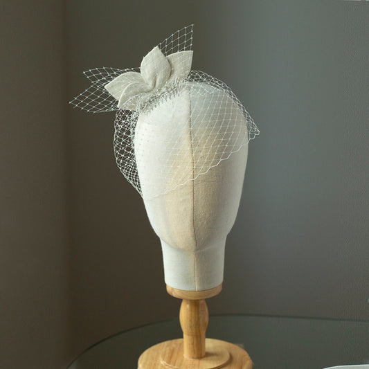 Bridal Fur Felt Leaves Birdcage Veil - Ivory White Fascinator