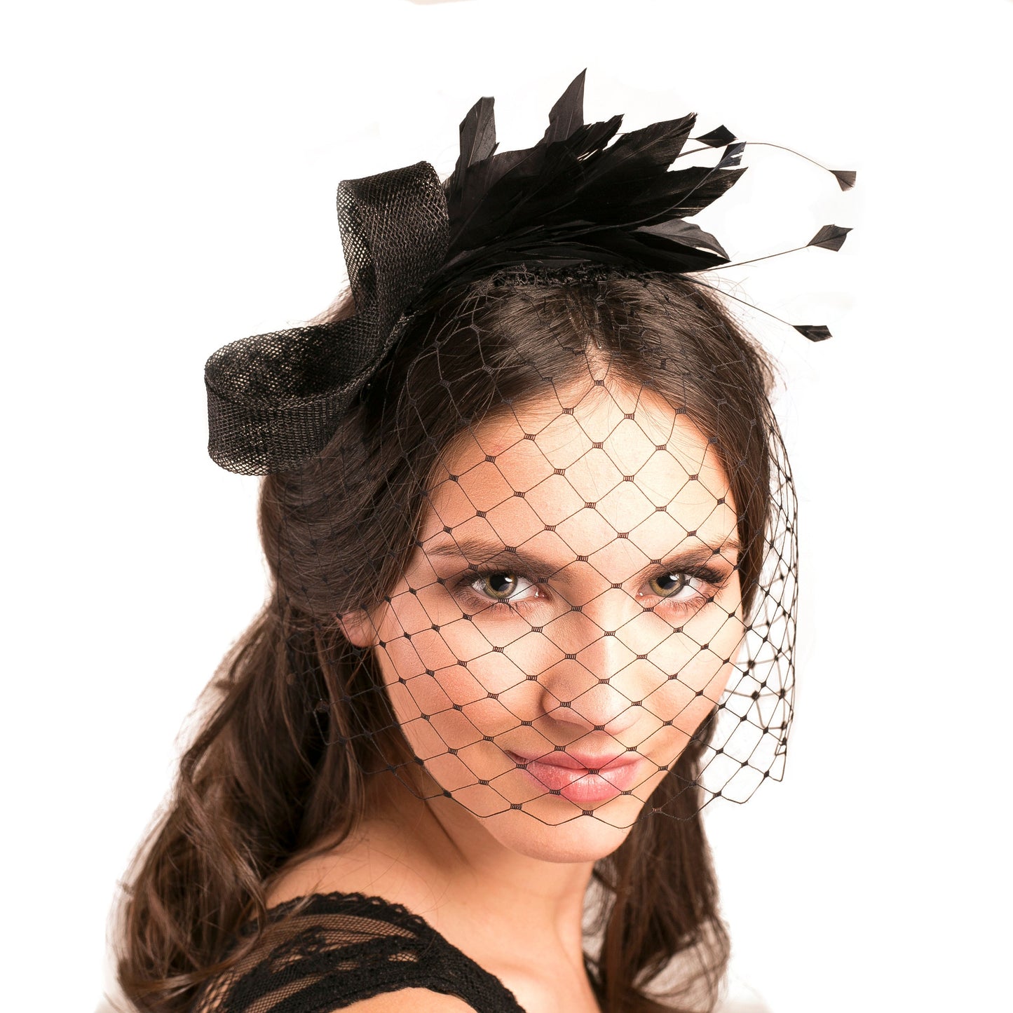 Black Feather Fascinator: Detachable Birdcage Veil Headpiece for Weddings or Funerals