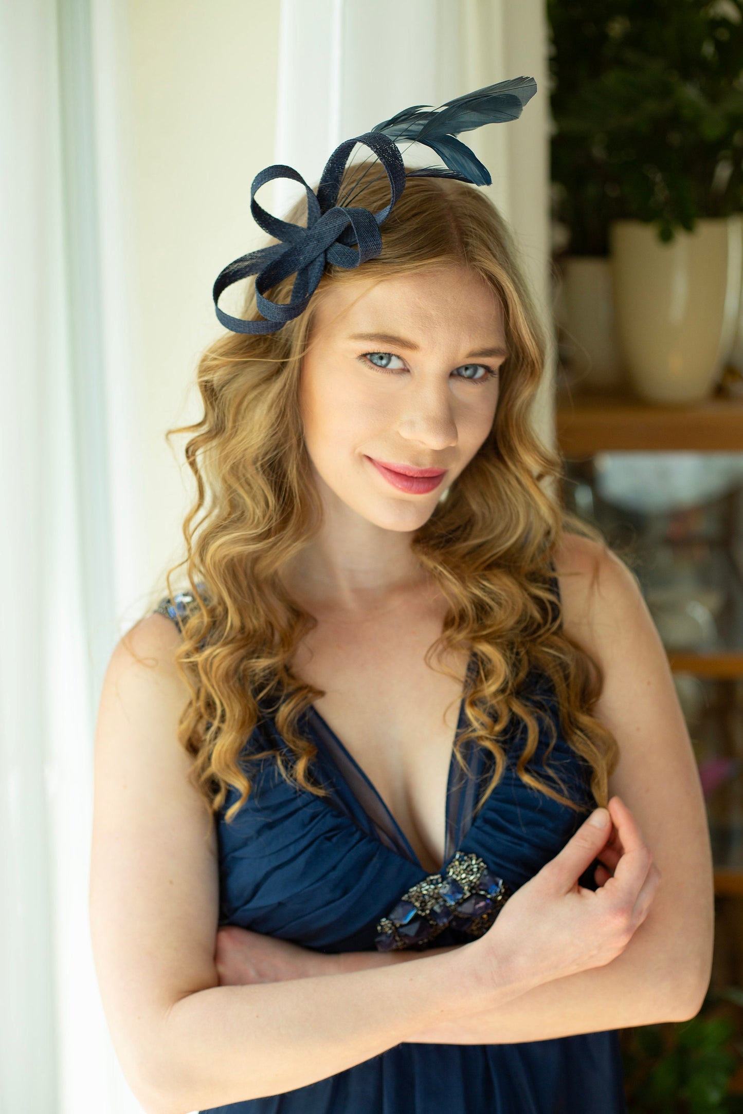 Navy Feather Fascinator: Formal Occasion Headpiece