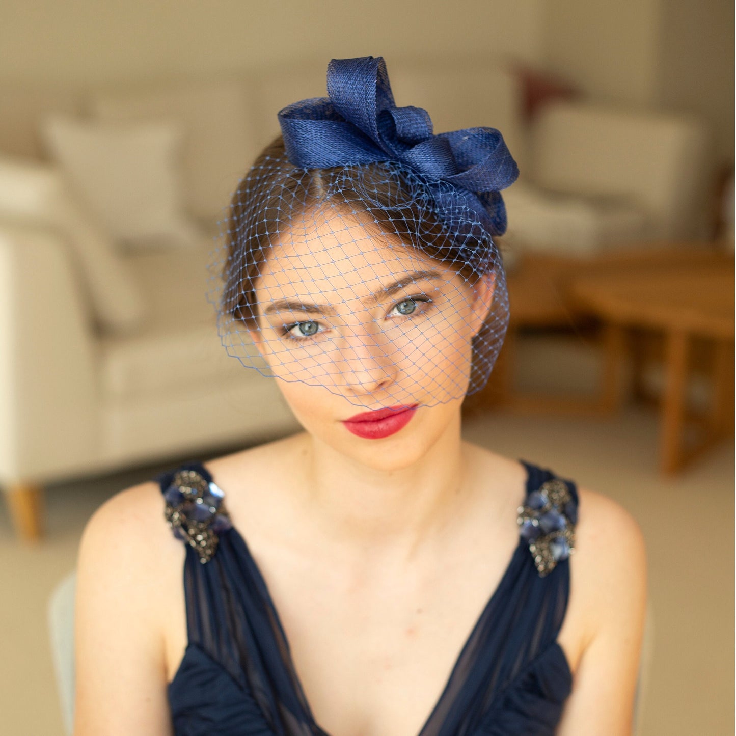 Royal Blue Fascinator Detachable Birdcage Veil, Wedding Headpiece