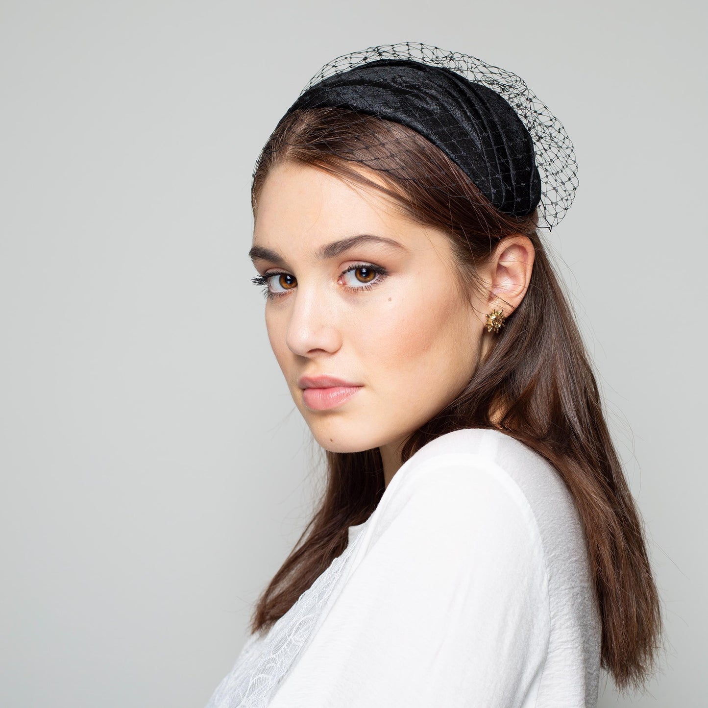 Black silk dupion draped hat cap with removable birdcage veil, special occasion headpiece in retro style