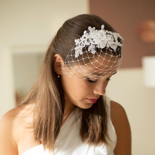 Floral Lace Birdcage Veil: Short Bridal Veil, White or Ivory