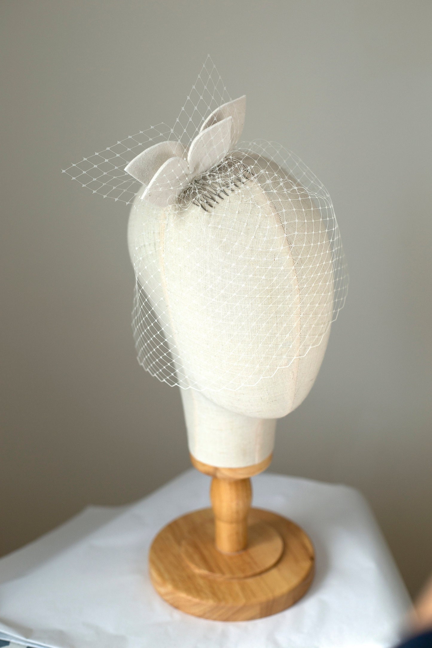 Ivory Wedding Fascinator: Felt Leaves, Short Birdcage Veil