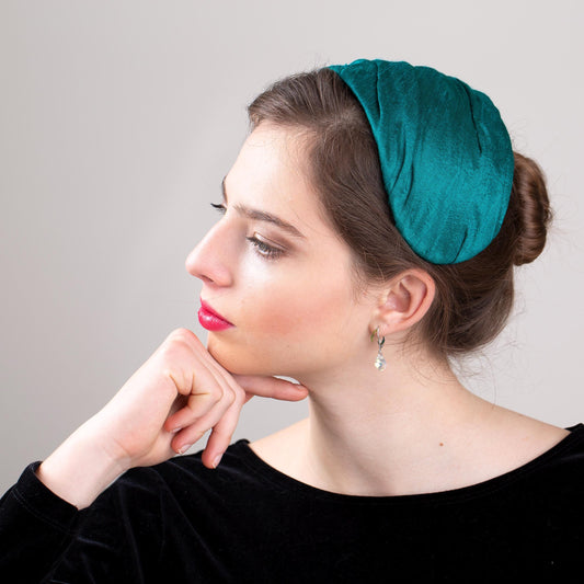 Teal Green Silk Calotte Hat Old Hollywood Glamour Half Hat Draped with Green Dupion