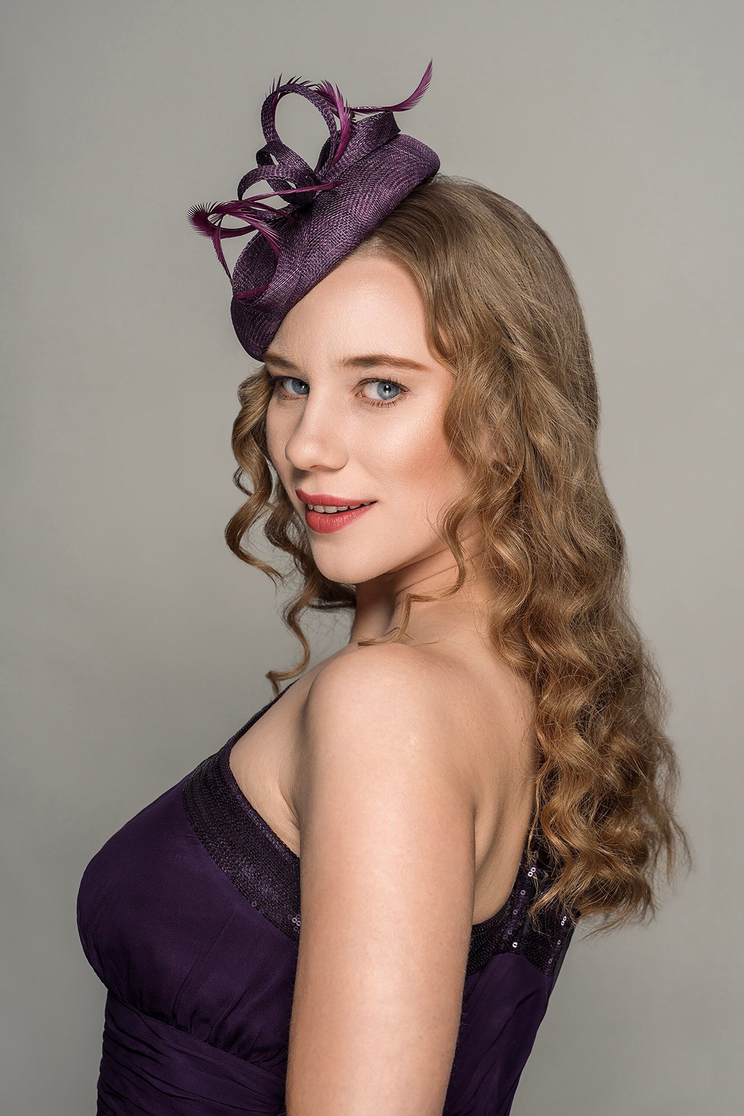 Eggplant Sinamay Pillbox Hat, Feather Swirl, Wedding Fascinator