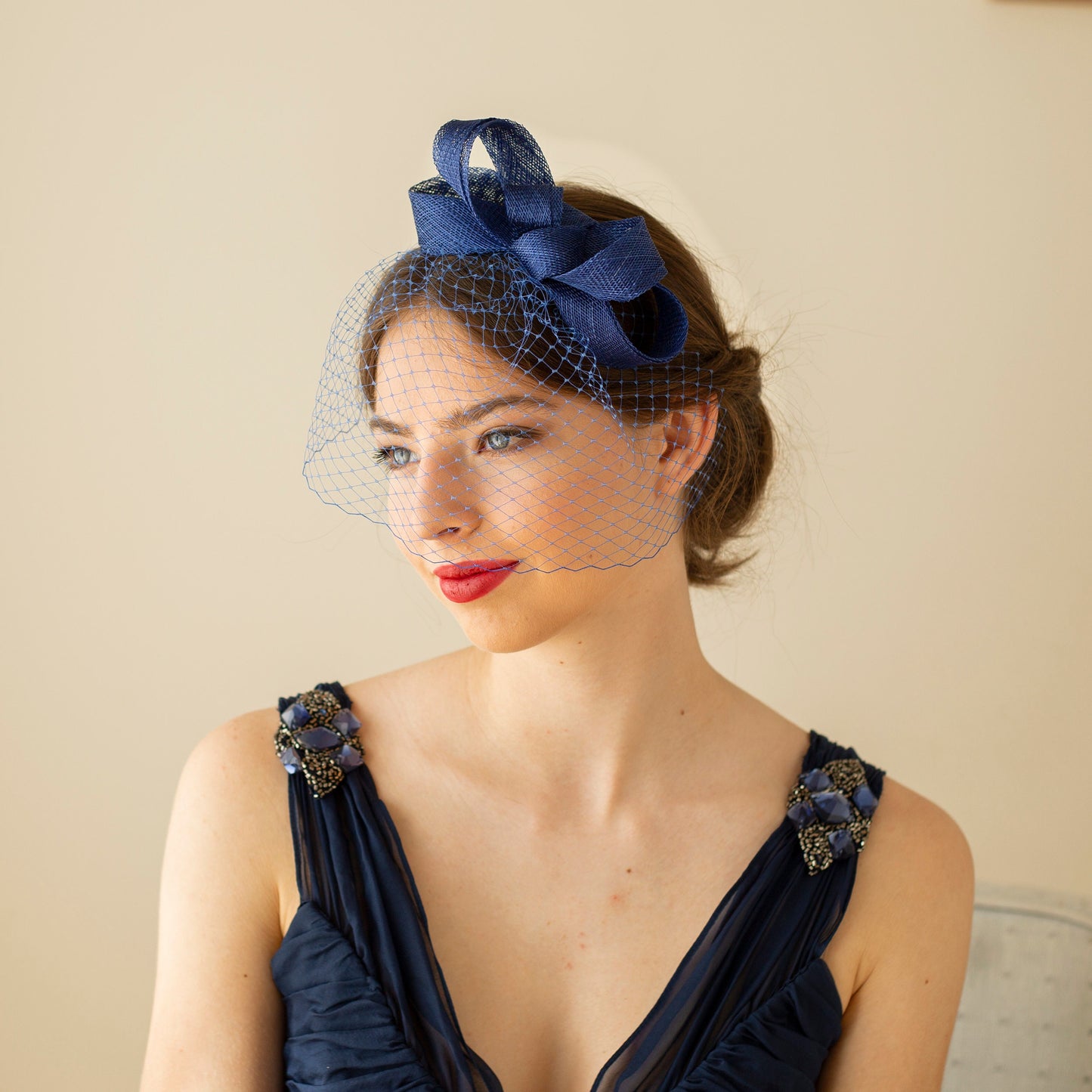 Royal Blue Fascinator Detachable Birdcage Veil, Wedding Headpiece
