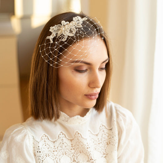 Small size netting birdcage with floral lace and Swarovski pearls and crystals, short wedding veil with ivory silver lace and pearls