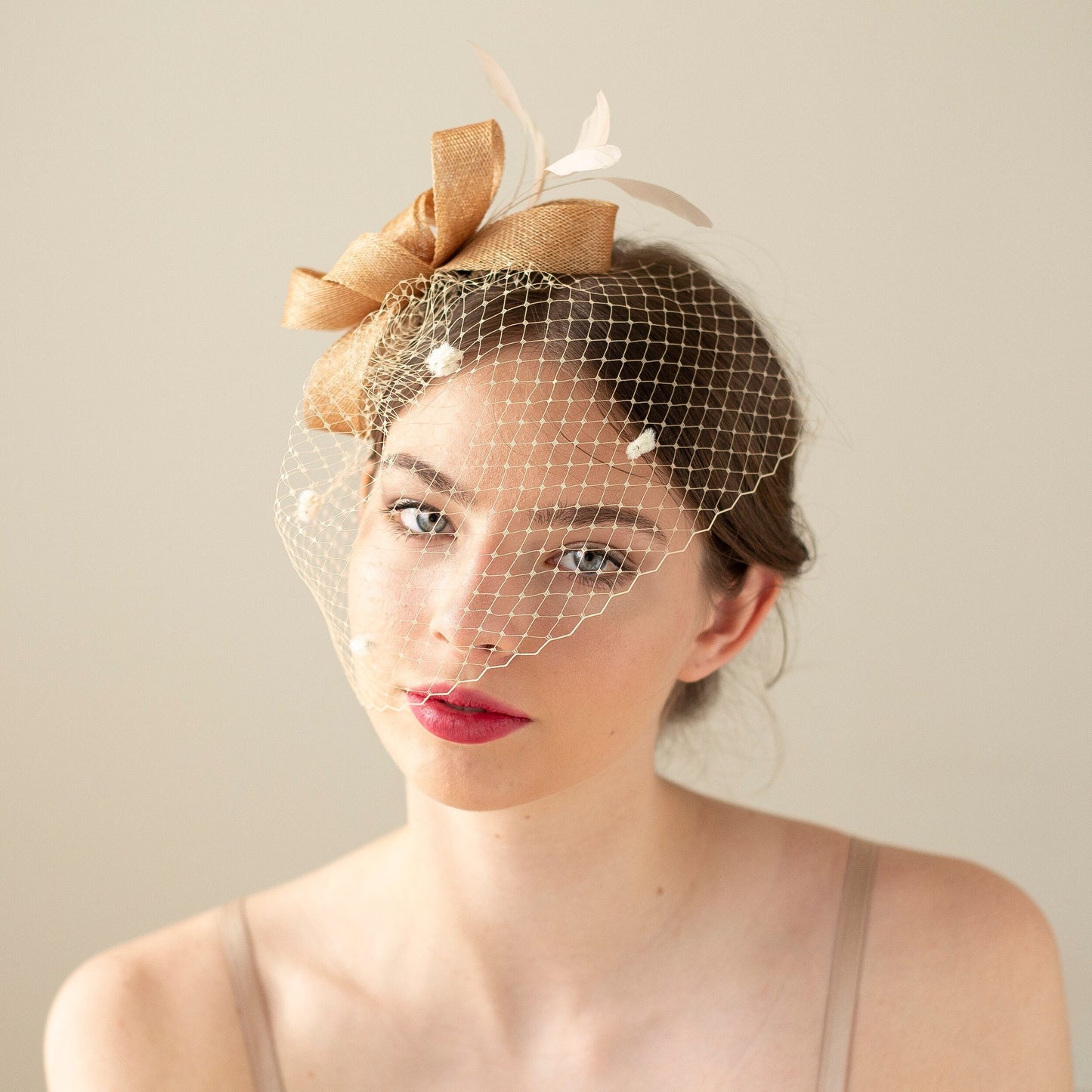 Beige Bridal Bow Fascinator, Feather & Birdcage Veil Headpiece