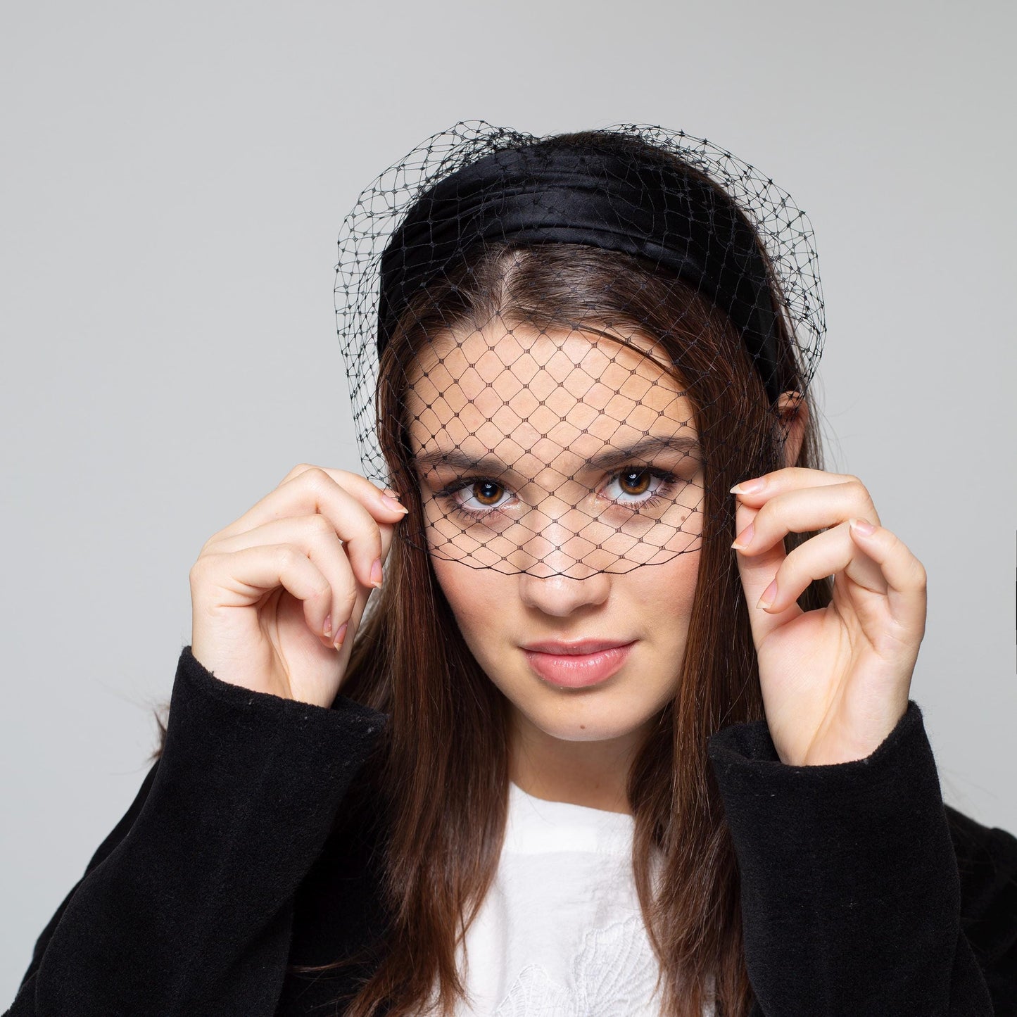 Black silk satin draped headband with removable birdcage veil, handcrafted wedding headpiece for special occasion