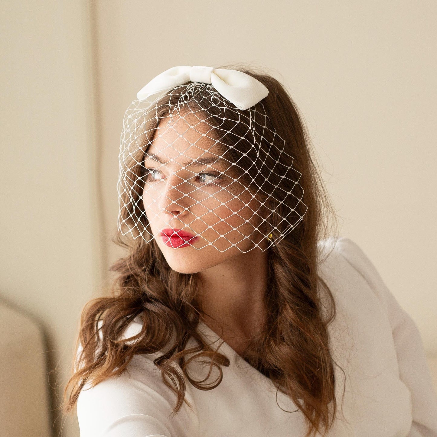 Ivory Velvet Bow Birdcage Veil: Vintage Inspired Hairbow Blusher
