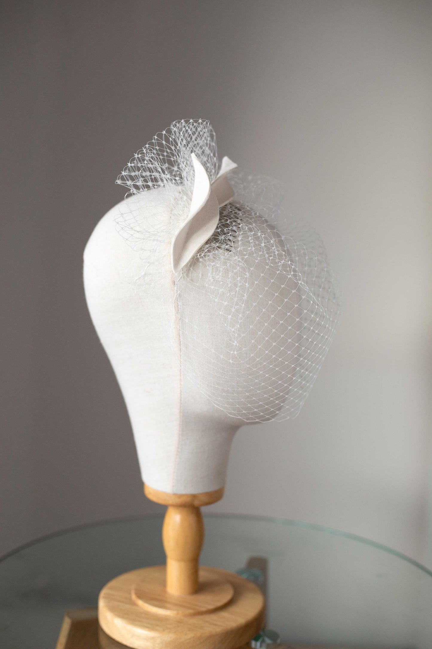 Bridal petals fascinator with short birdcage veil,  ivory felt leaves head piece on wedding birdcage netting veil, READY TO SHIP