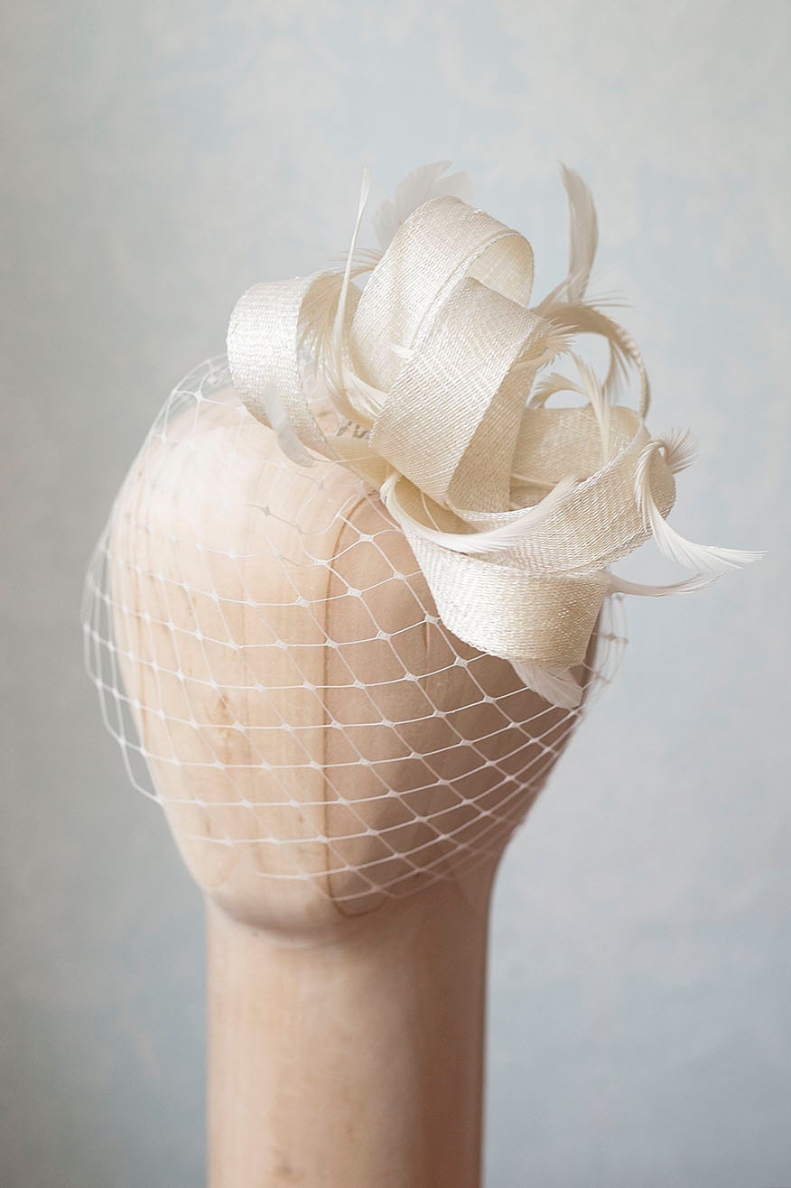 Bridal Feather Fascinator with Birdcage Veil, ivory Wedding Headpiece