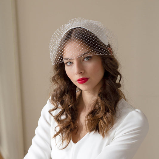 Bridal Silk Satin Caplet with Birdcage Veil: 1950s Style Wedding Headpiece
