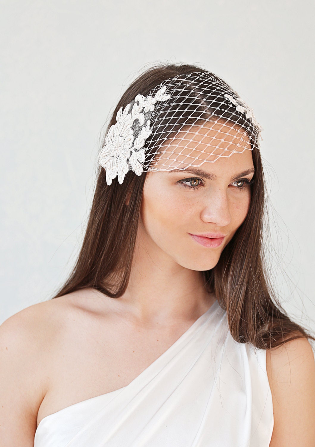 Ivory Lace Bandeau Veil: Pearl Beaded Birdcage Wedding Headband