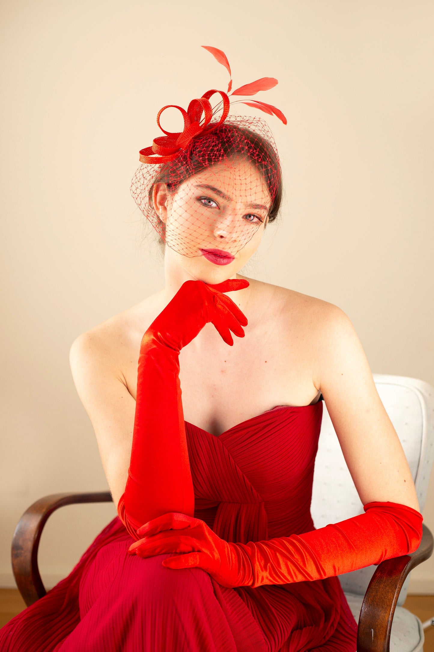Red Wedding Birdcage Fascinator: Feather Veil Headpiece