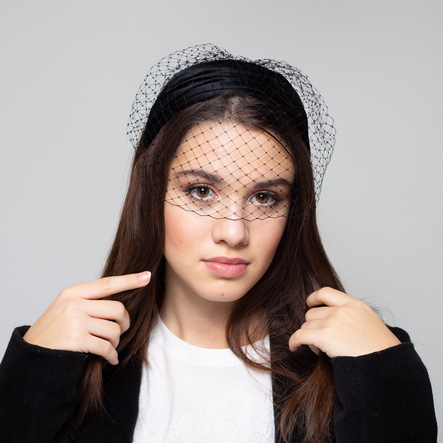 Black silk satin draped headband with removable birdcage veil, handcrafted wedding headpiece for special occasion