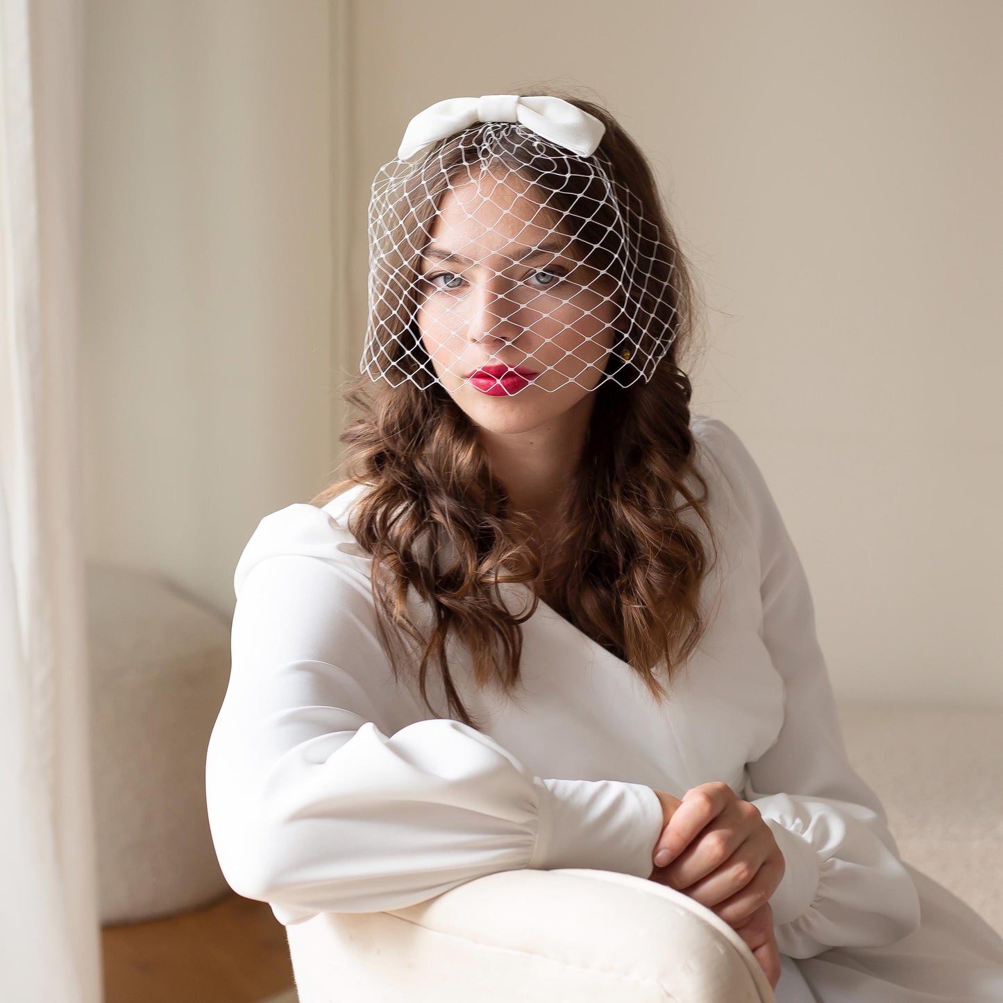 Ivory Velvet Bow Birdcage Veil - Vintage Bridal Hair Accessory