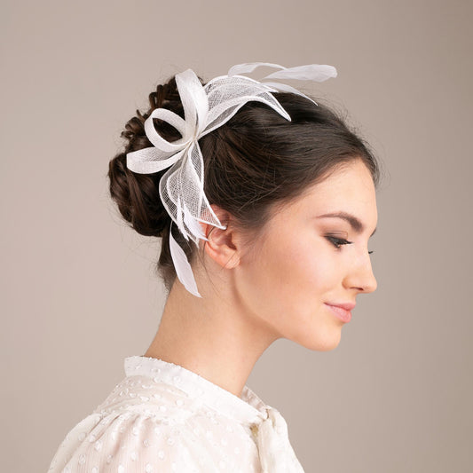 Bridal Feather Fascinator: White Petals & Leaves Headpiece