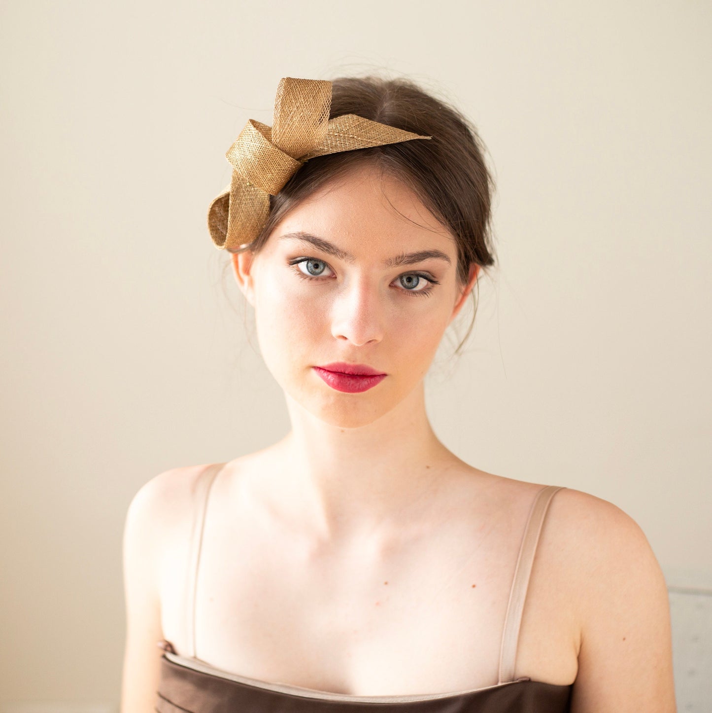 Gold Bow Fascinator,  Minimalist Wedding Guest Headpiece in metallic gold