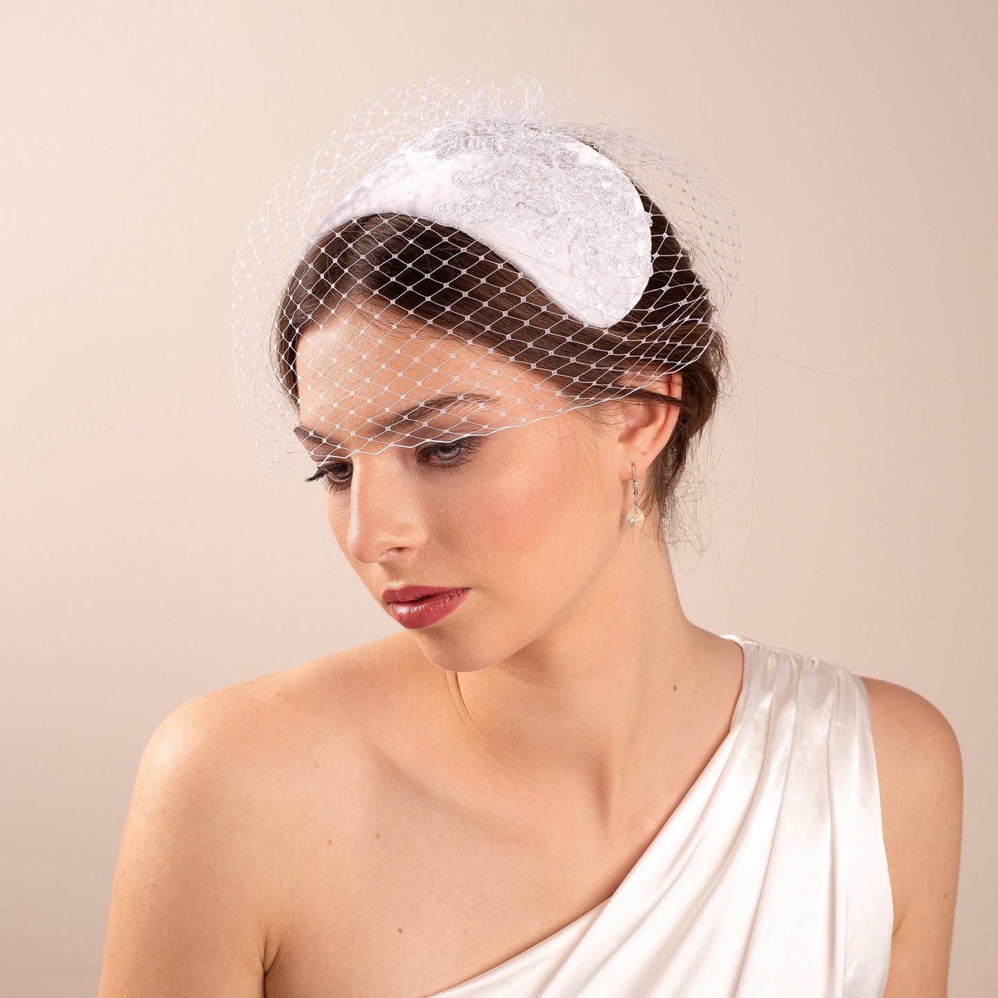 Velvet Wedding Cap Headpiece: Mid-Century Lace Birdcage Veil