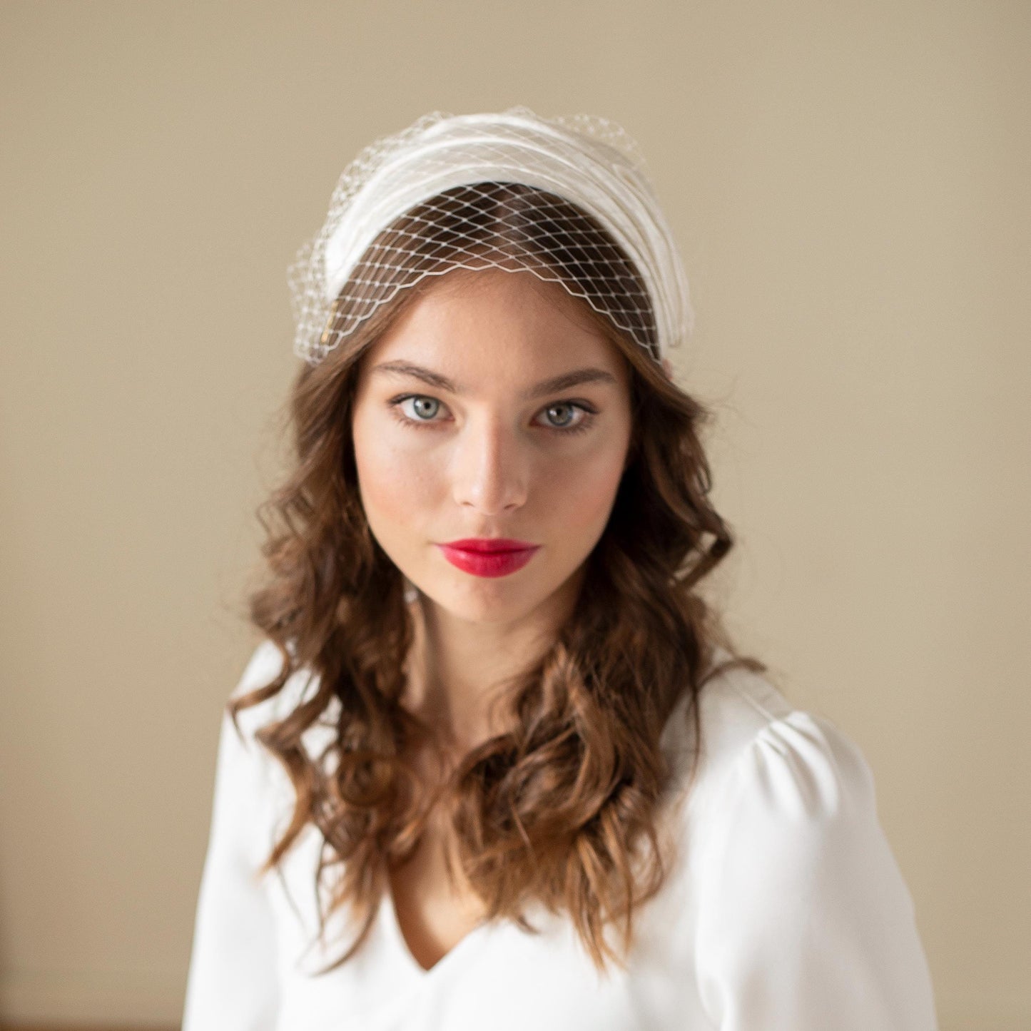 Antique style birdcage with silk satin half hat for a bride, bridal wide veiled headband, wedding millinery silk headpiece