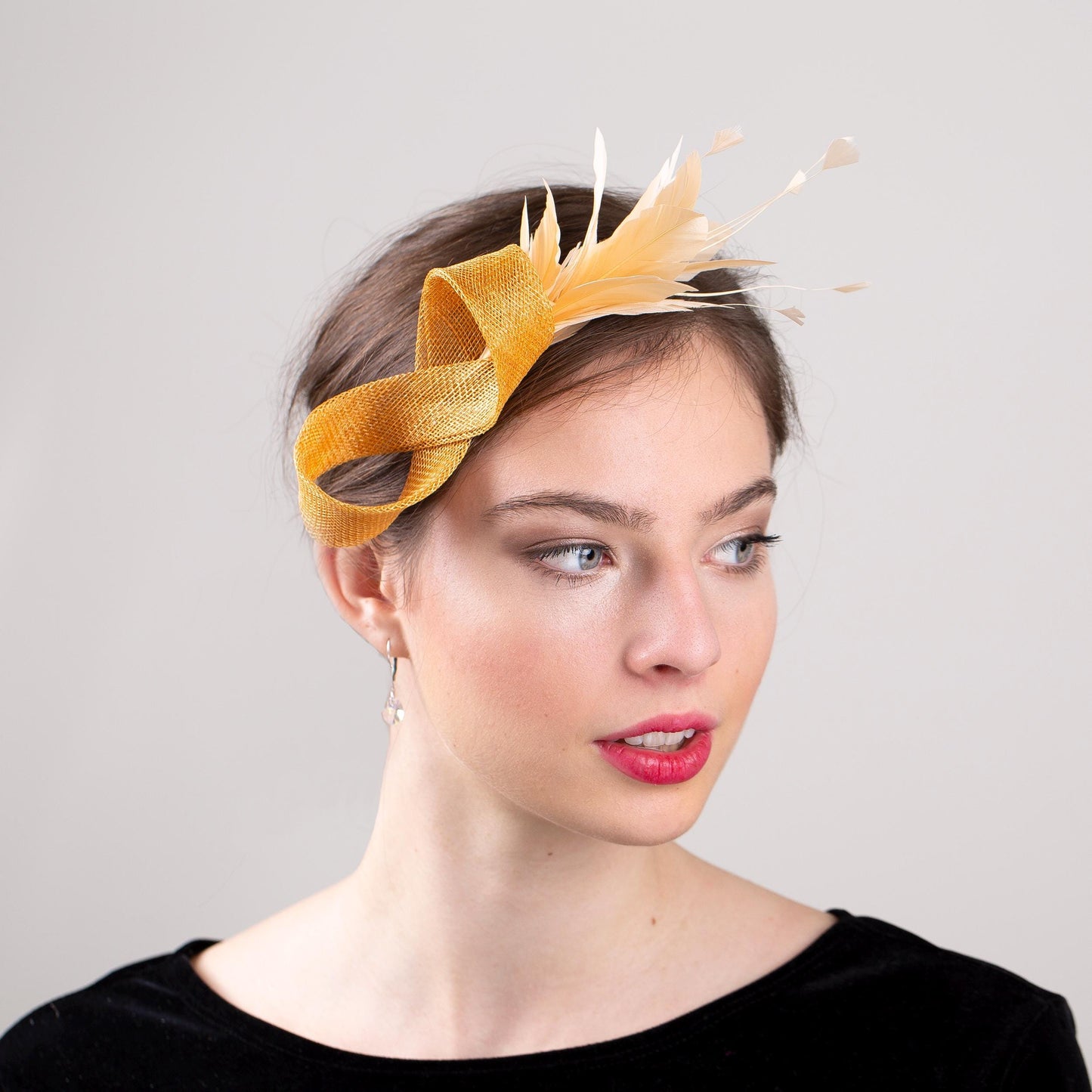 Ochre Feather Fascinator, Elegant Sinamay Headpiece in Golden Beige