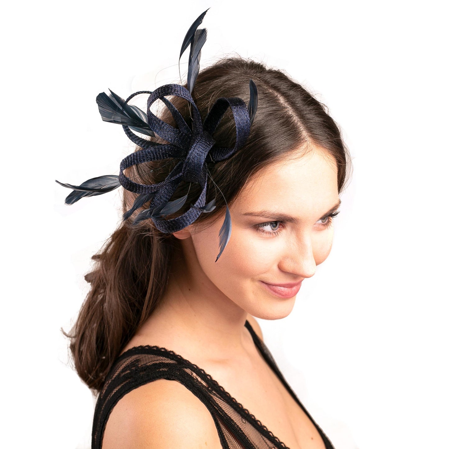 Navy Feather Fascinator, Sinamay Wedding Headpiece with Clip