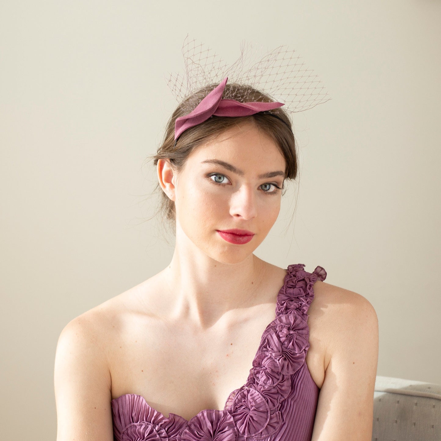 Black Silk Petal Fascinator, Wavy Leaves & Veiling Headpiece