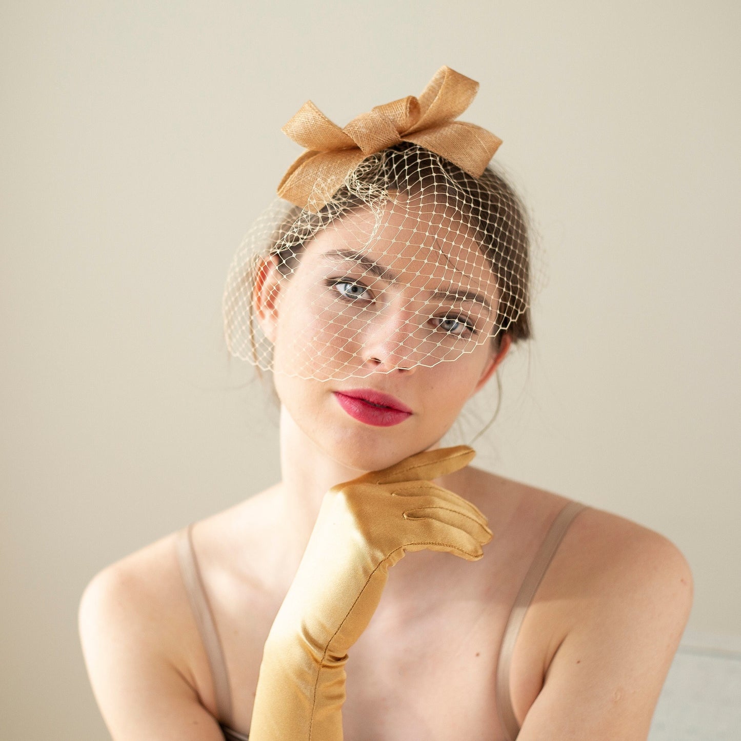 Beige Bridal Bow Fascinator: Veiled Birdcage Headpiece
