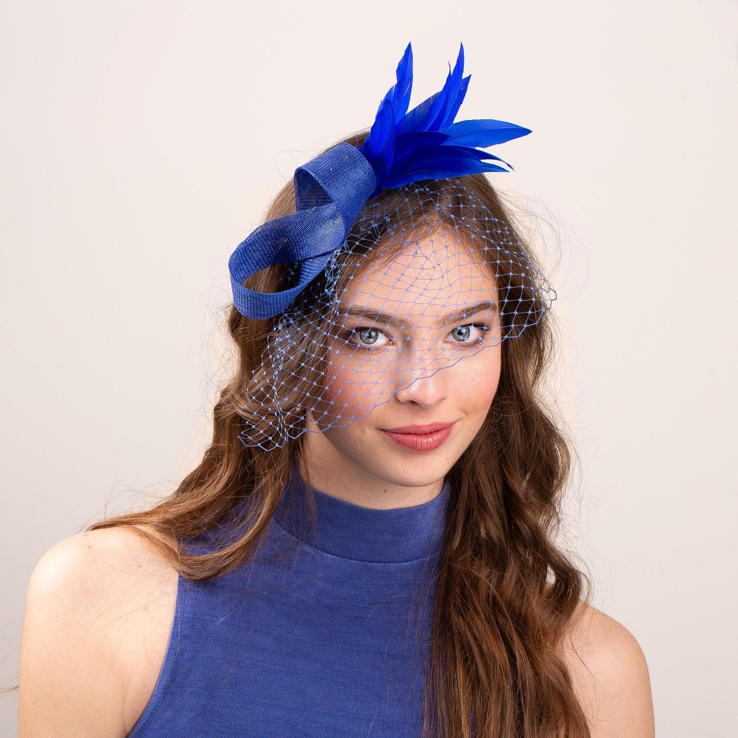 Royal Blue Feather Fascinator for Wedding Guests, Formal Occasion Headpiece for Netting Veil