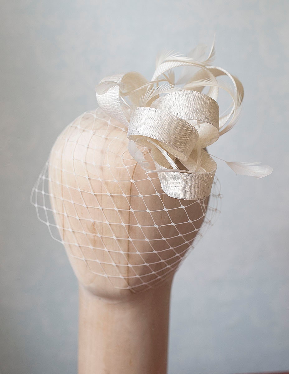 Bridal Feather Fascinator with Birdcage Veil, ivory Wedding Headpiece