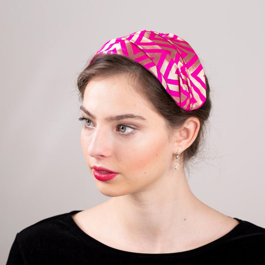Pink and Gold Chevron Wide Headband, Draped Silk Half Hat Headpiece