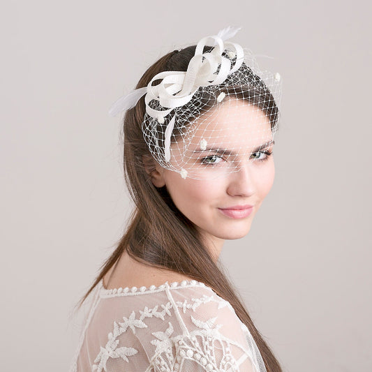 Bridal fascinator with dotted birdcage, bridal millinery hairpiece, feather headpiece
