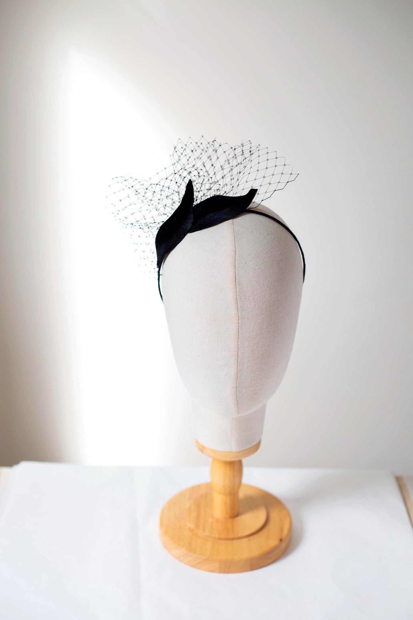 Black Silk Petal Fascinator, Wavy Leaves & Veiling Headpiece