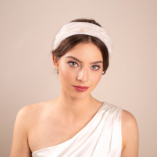 Ruched Silk Bridal Headband with scattered Pearls: Millinery Wedding Headpiece with Swarovski in Ivory, Old Hollywood Style Bride