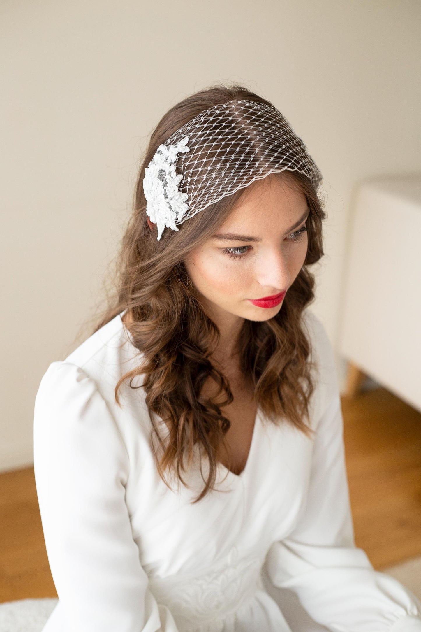 Ivory Floral Lace Bandeau Veil: Beaded Wedding Headband