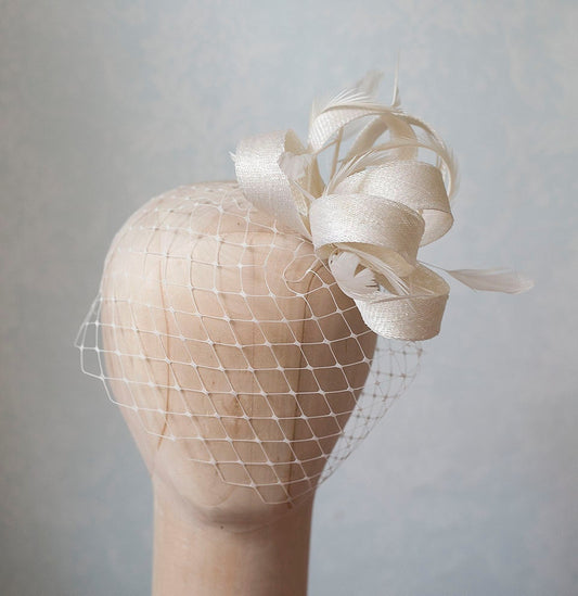 Bridal Feather Fascinator with Birdcage Veil, ivory Wedding Headpiece