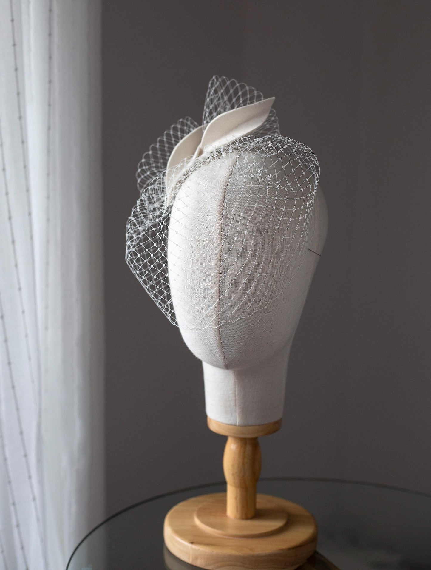 Ivory Birdcage Veil: Felt Leaf Petals, Elegant Bridal Headpiece