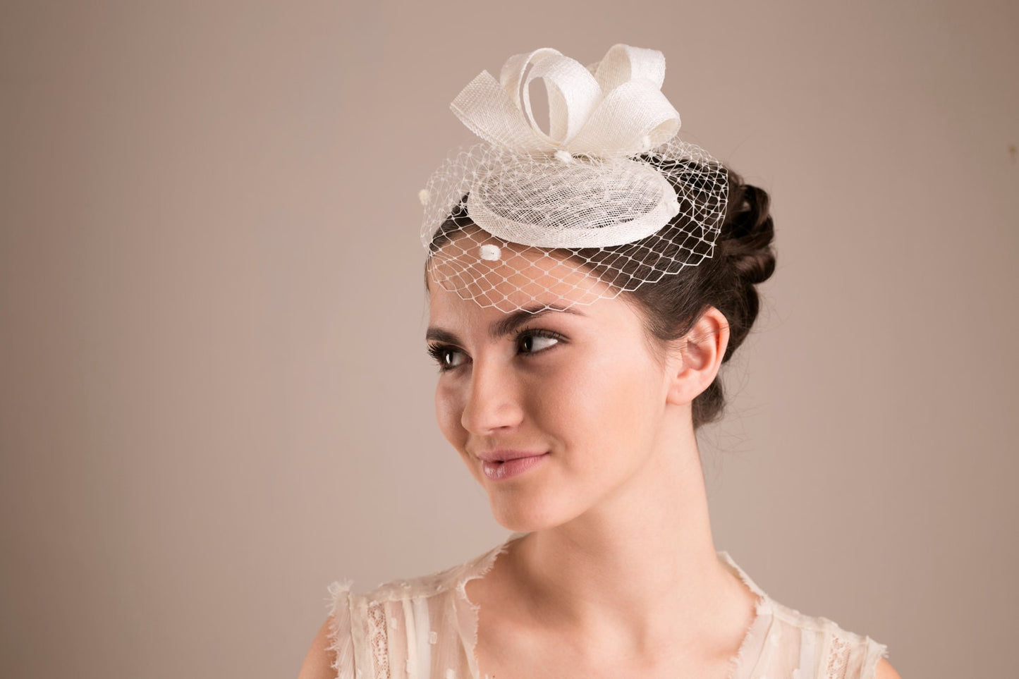 Bridal Sinamay Fascinator Hat in Ivory Wedding Pillbox Hat with Dotted Birdcage Veil