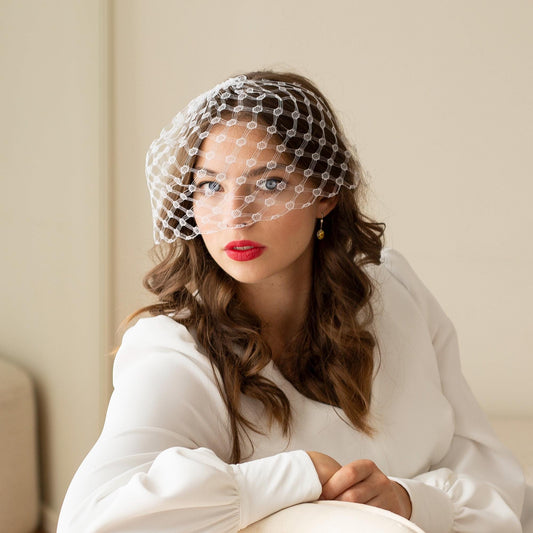 Vintage White Birdcage Veil: 1960s German Veiling, Bridal Face Veil
