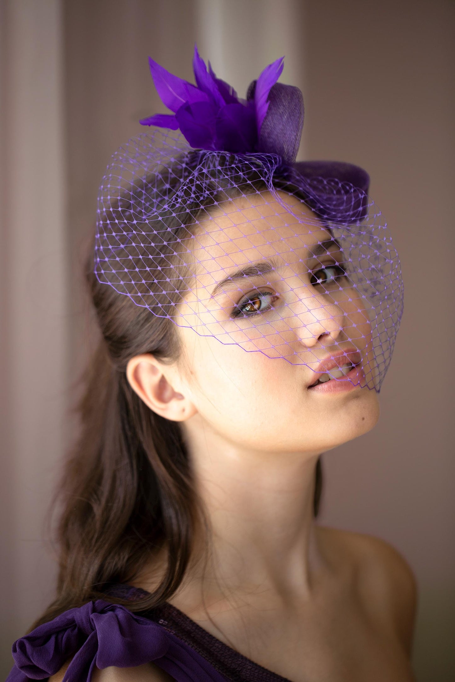 Purple Feather Fascinator: Birdcage Veil Headpiece for Wedding