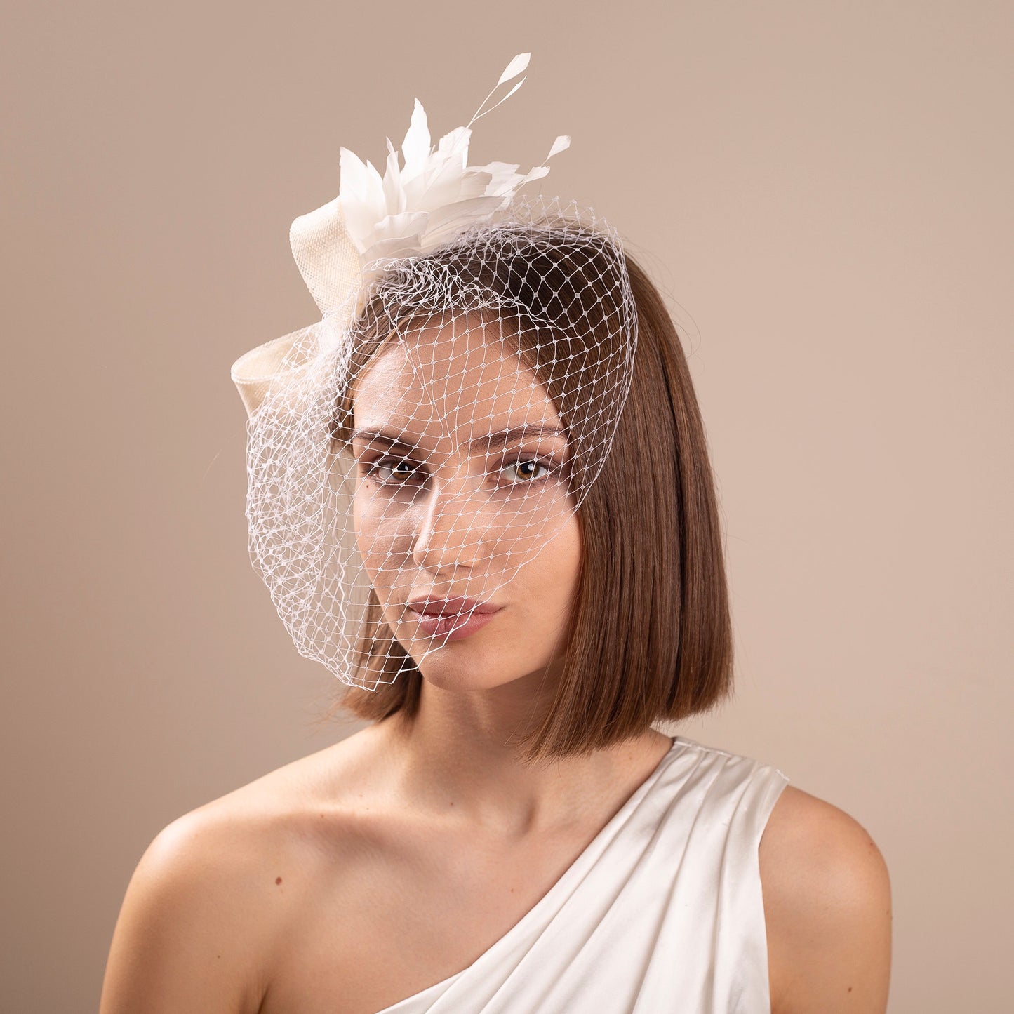 Braut-Fascinator mit weißen Federn: Moderner Braut-Haarschmuck im Birdcage-Stil